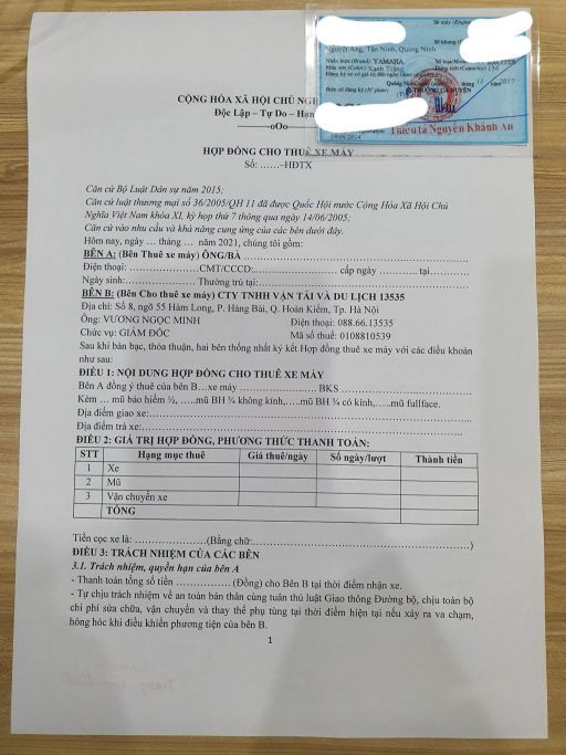 Giấy tờ hợp đồng thuê xe máy tại Thuê Xe Máy Hà Nội 13535.